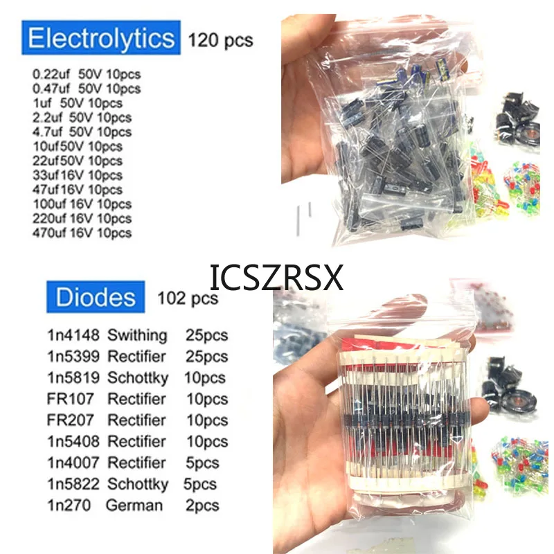 Kit de componentes electrónicos Ultimate Edition, varios condensadores comunes, resistencias, condensadores, T0-92, transistores LED, placa PCB, DIP-IC