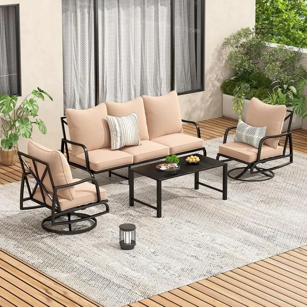 Patio urniture Set, 4 Piece Outdoor Patio urniture Set, 2 x Outdoor Swivel Chair, 1 x 3-Seats Soa and 1 x Coee Table, Metal Cont