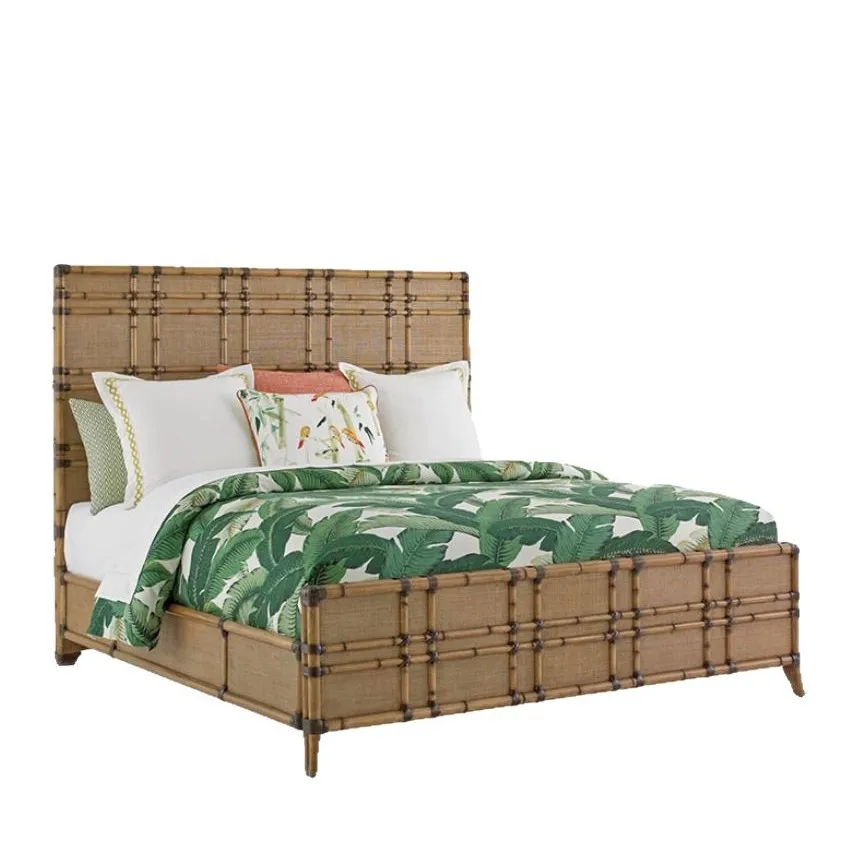 Simple and pure sea view room queen bed, household rattan art bamboo solid wood 1.8 meters 1.5 bedroom island wind bed