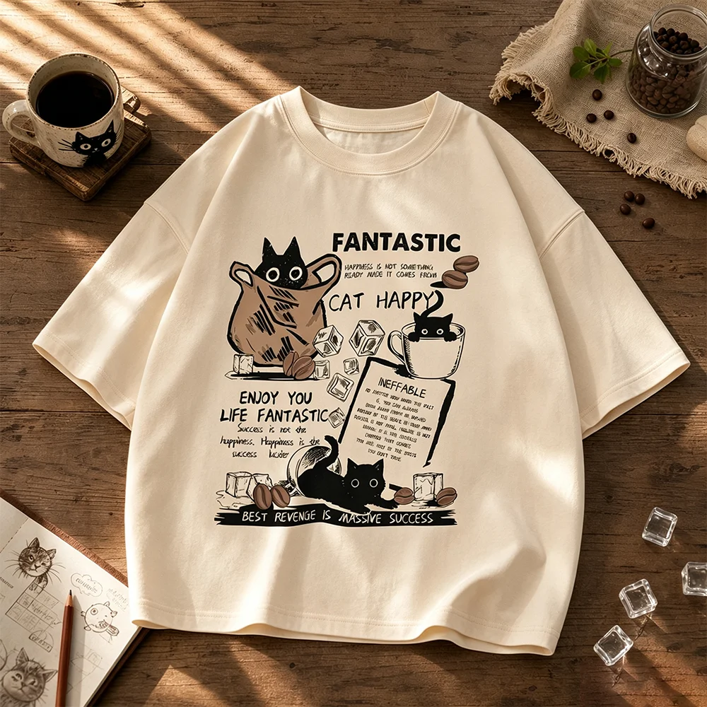Unisex Oversize Cartoon Cat Group Printed T-Shirt Casual Short Sleeve Pullover Breathable Parent-Child Top for Men Women Kids