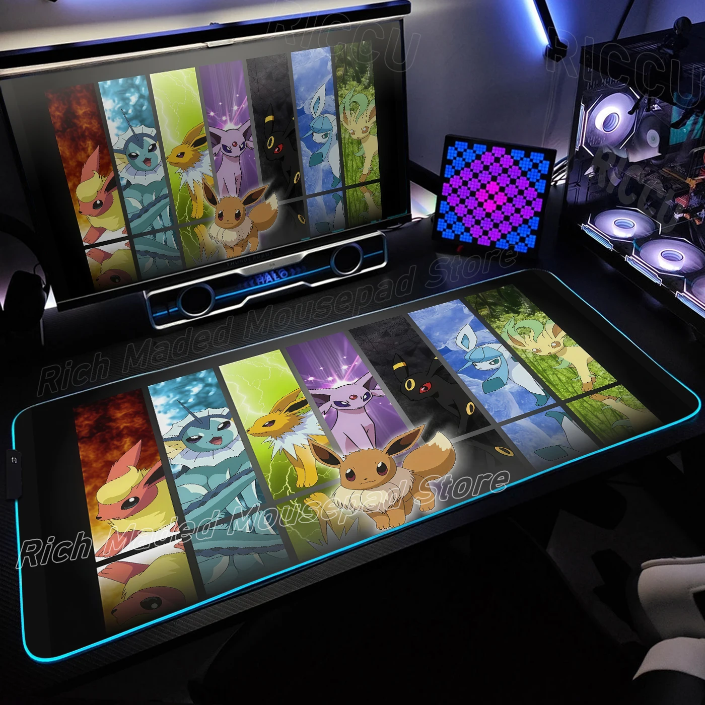 

RGB Cute Desk Mat P-pokemon Eevee Gaming Mouse Pad Large Mousepad Pc Gamer Desktop Decoration HD Office Mouse Mat PC Accessories
