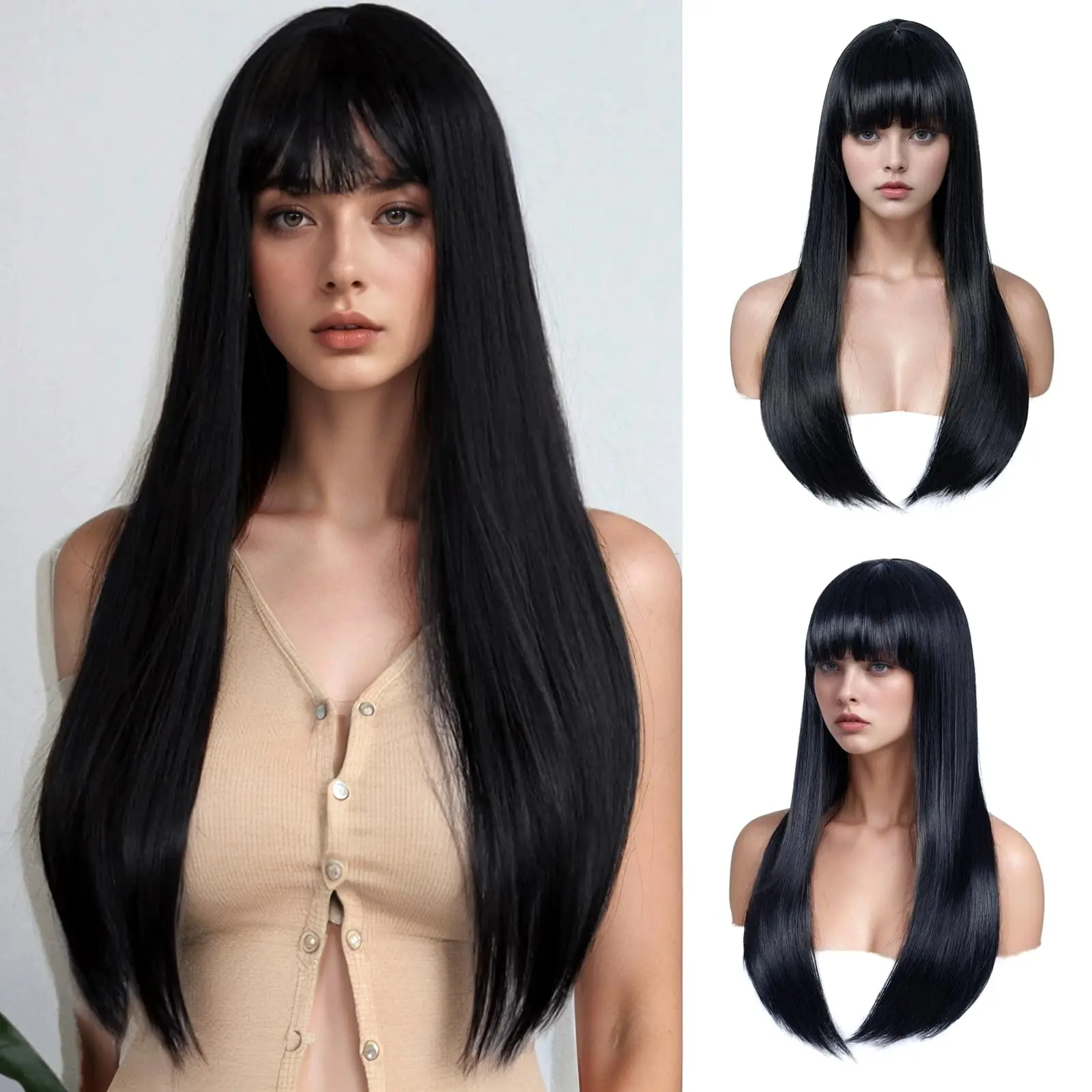 

New black long straight hair synthetic wig for Halloween cosplay, daily use wig, high-temperature hair accessory