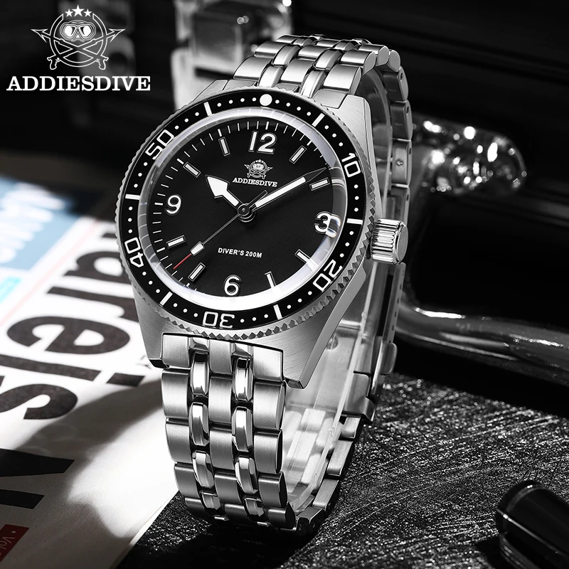 ADDIESDIVE Business Men's Watch Sapphire Glass Stainless Steel 200m Dive Waterproof Quartz Watches BGW9 Luminous Reloj Hombre