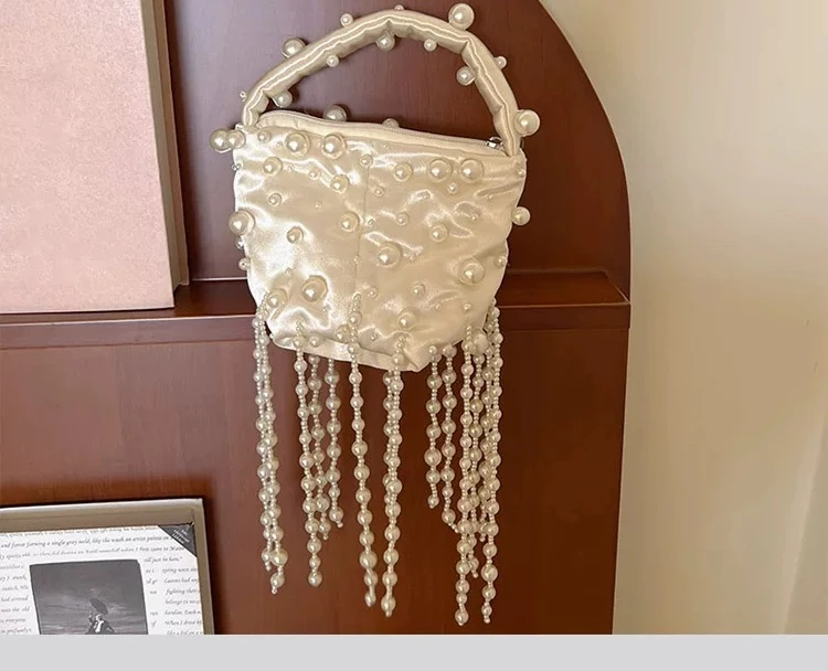 French silk satin fringed handwoven string pearl bucket gypsy messenger bag