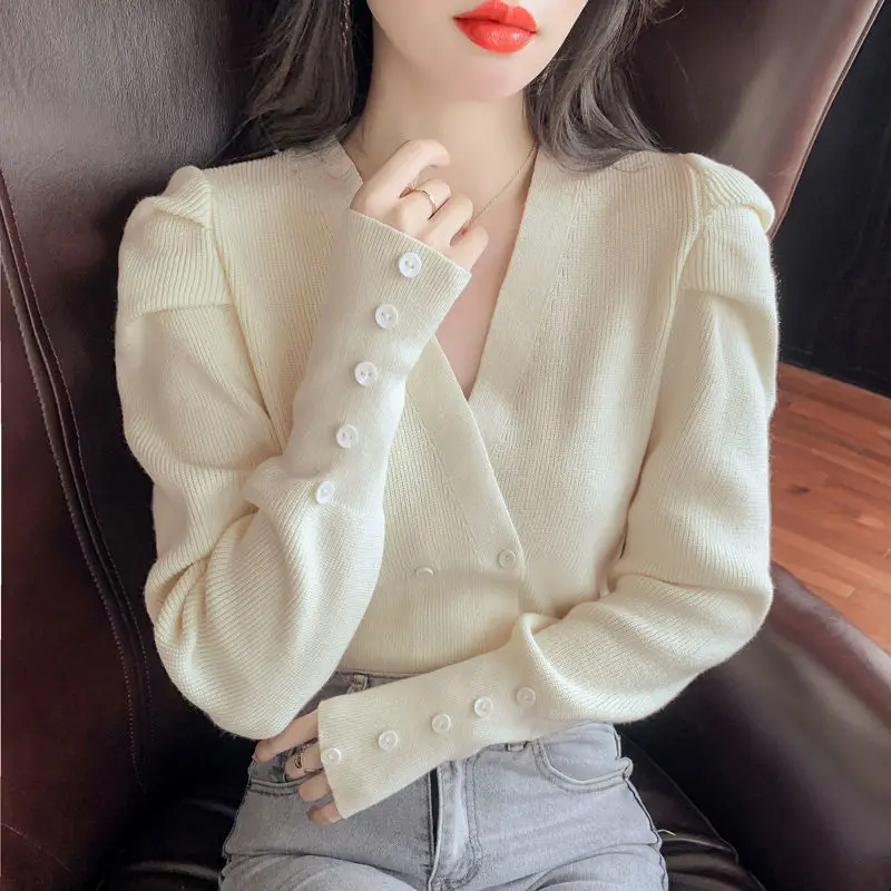 Female Clothing Puff Sleeve Sweaters Korean Basic Solid Color Folds Autumn Winter Stylish Button Casual V-Neck Knitted Jumpers