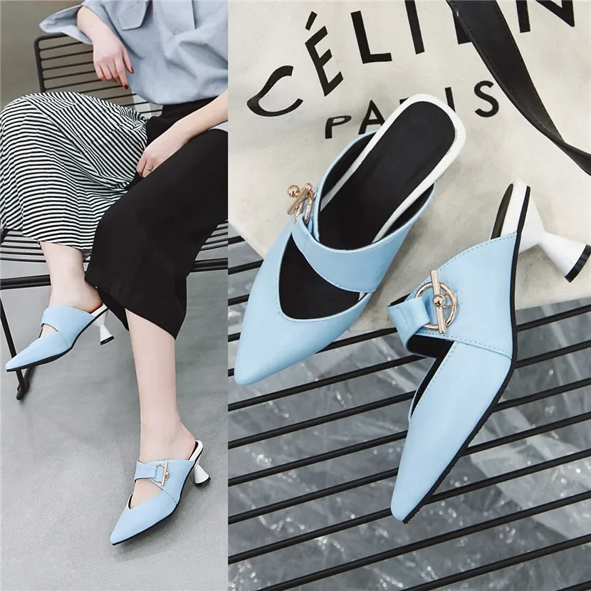 Elegant Women Buckle Sandals Pink Blue White Black High Chunky Heels Slippers Dress Party Pointed Toe Slip-on Summer Lady Mules