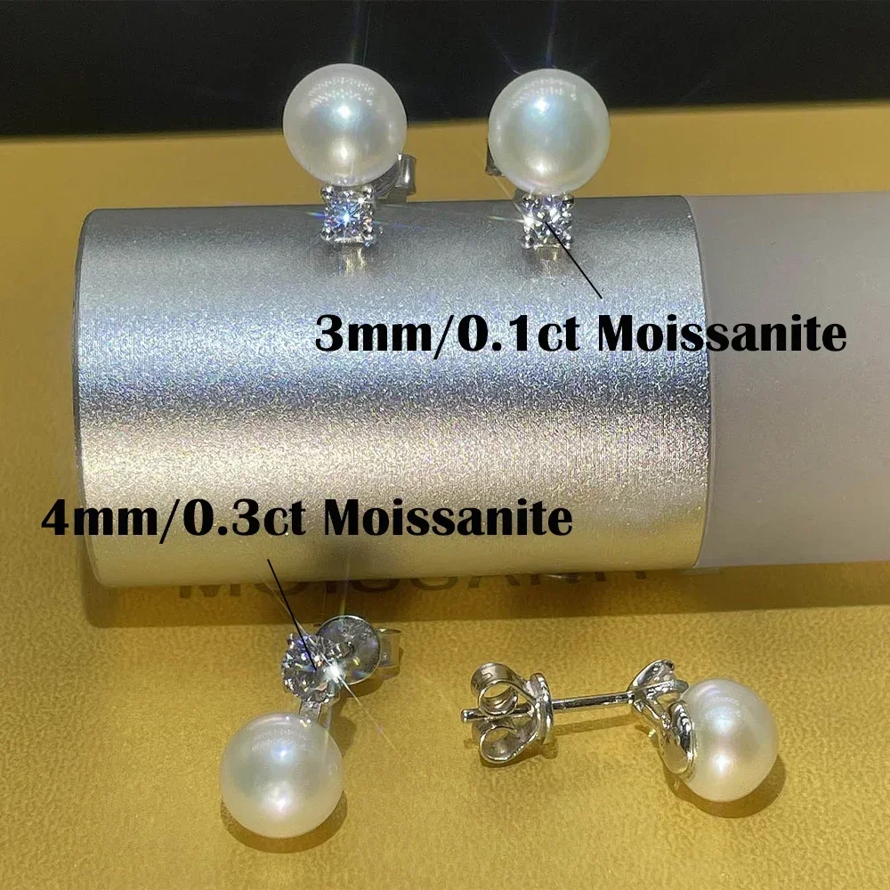FEOBUR Real Moissanite Pearl Stud Earrings for Women 925 Sterling Silver Lab Diamond 9mm Pearl Drop Earring Wedding Jewelry Gift
