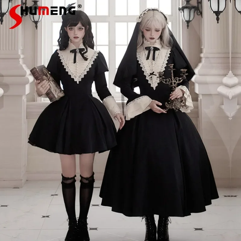 2024 Autumn New Japanese Rojita Style Gothic Black Long And Short Op-sleeved Apron Daily Wear Dress Set Outfits Women's Clothing