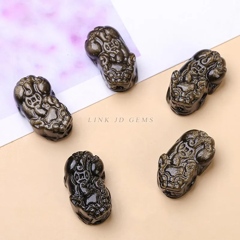 1 Pc Natural Gold Obsidian Pixiu Carved Through Hole Bead Wealth Amulet For Jewerly Making Diy Bracelet Necklace Accessory