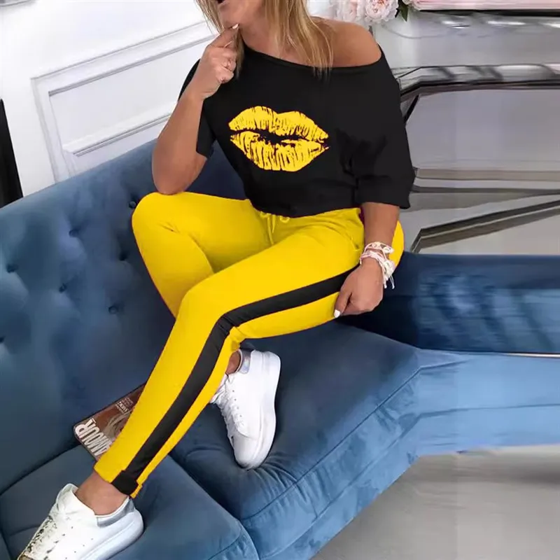 

Комплект футболок Spor Lip Print из 2 предметов для женщин, летняя женская повседневная одежда AL0 Long Sve, удобная, дышащая, моющаяся
