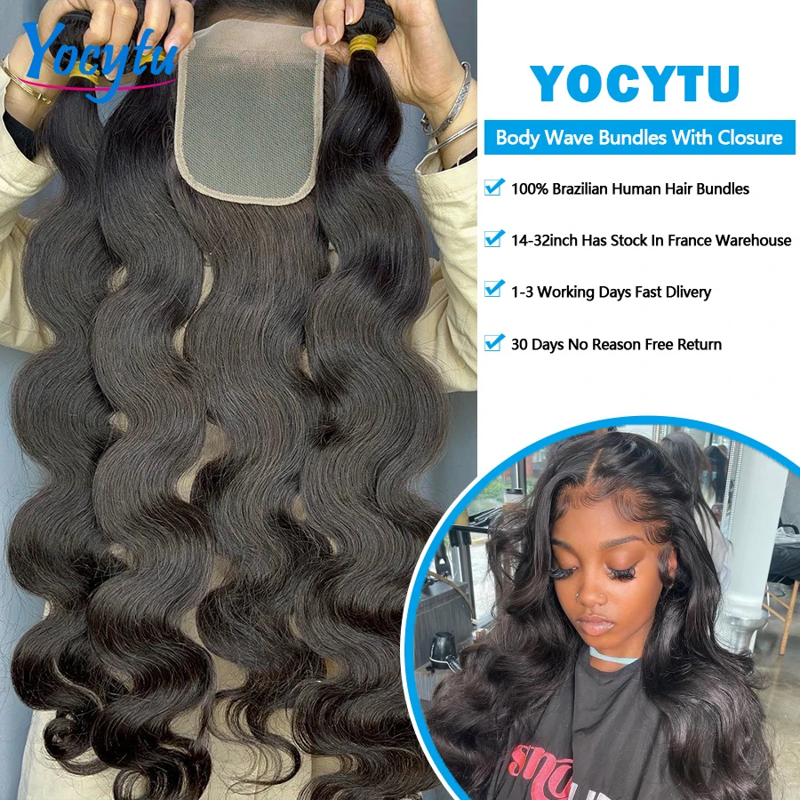 YOCYTU Body Wave Human Hair Bundles With Closure Brazilian Hair Body Weave 3 PCS Bundles With Closure Remy Body Hair Weave Extensions Transparent