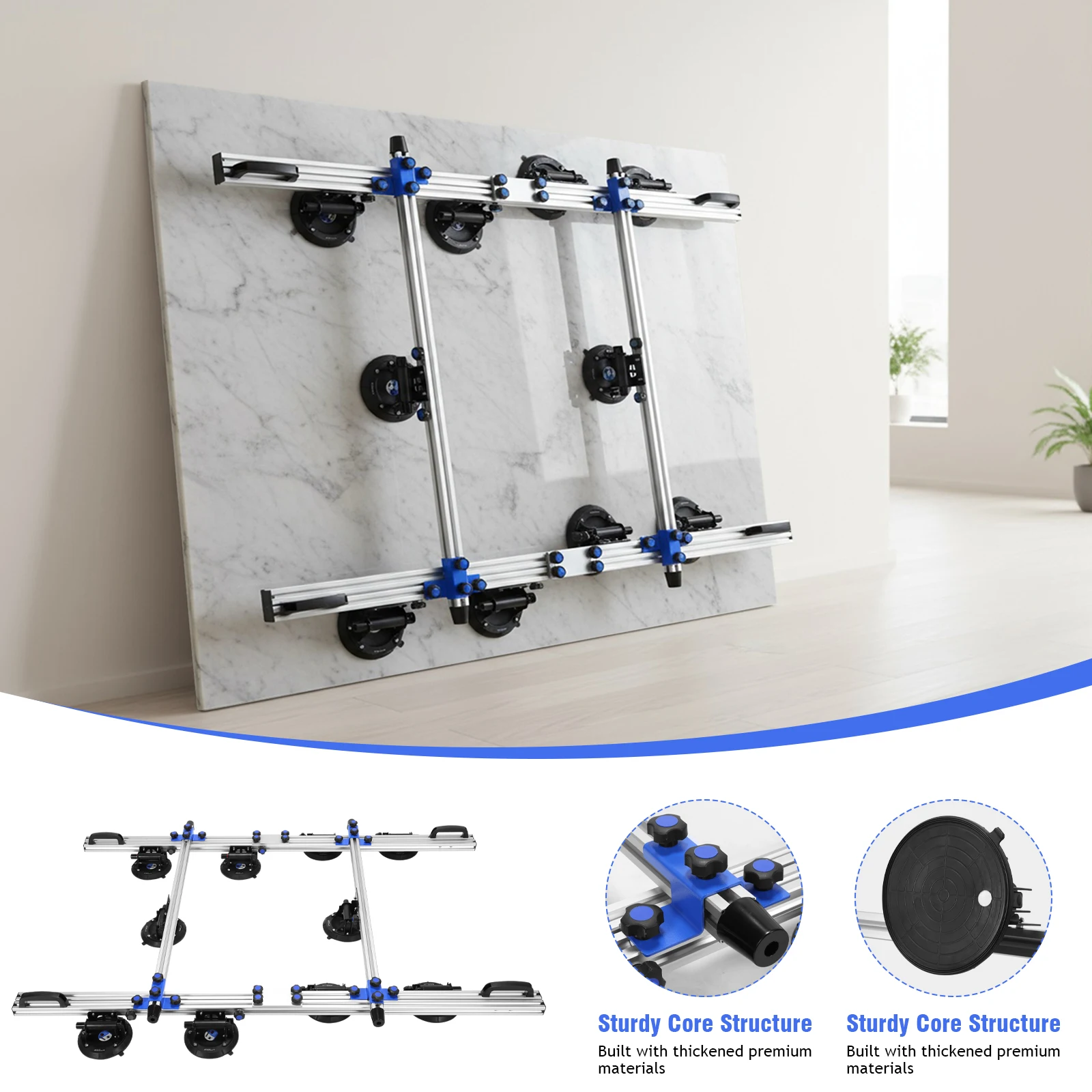 

Granite Suction Cup Lifter Lifting Frame 1.9-3.45m Granite Ceramic Tile Handling Lifter Tool with 10 Rubber Vacuum Cups