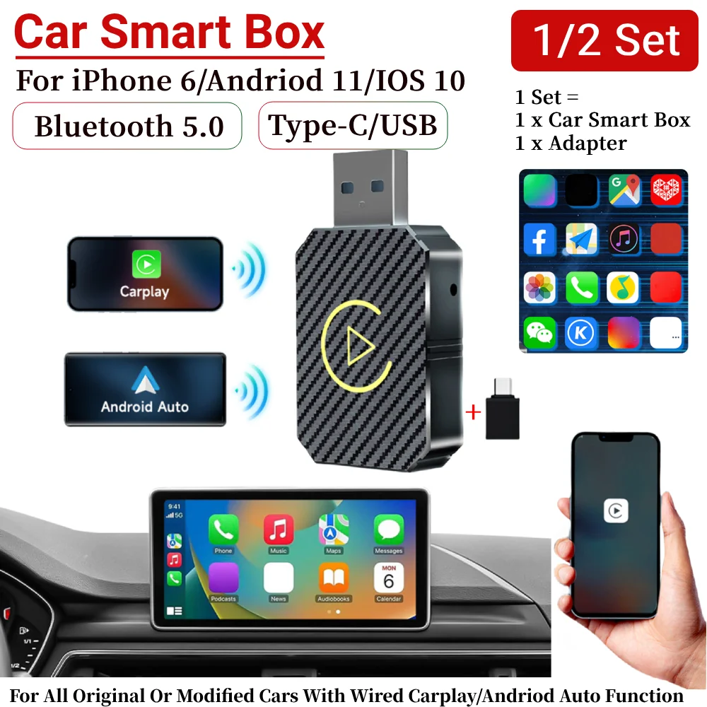 1/2 Set Wireless Carplay Android Auto Adapter Plug&Play 2 in 1 Mini Box BT CarPlay AI Box for Wired CarPlay/Andriod Auto Cars