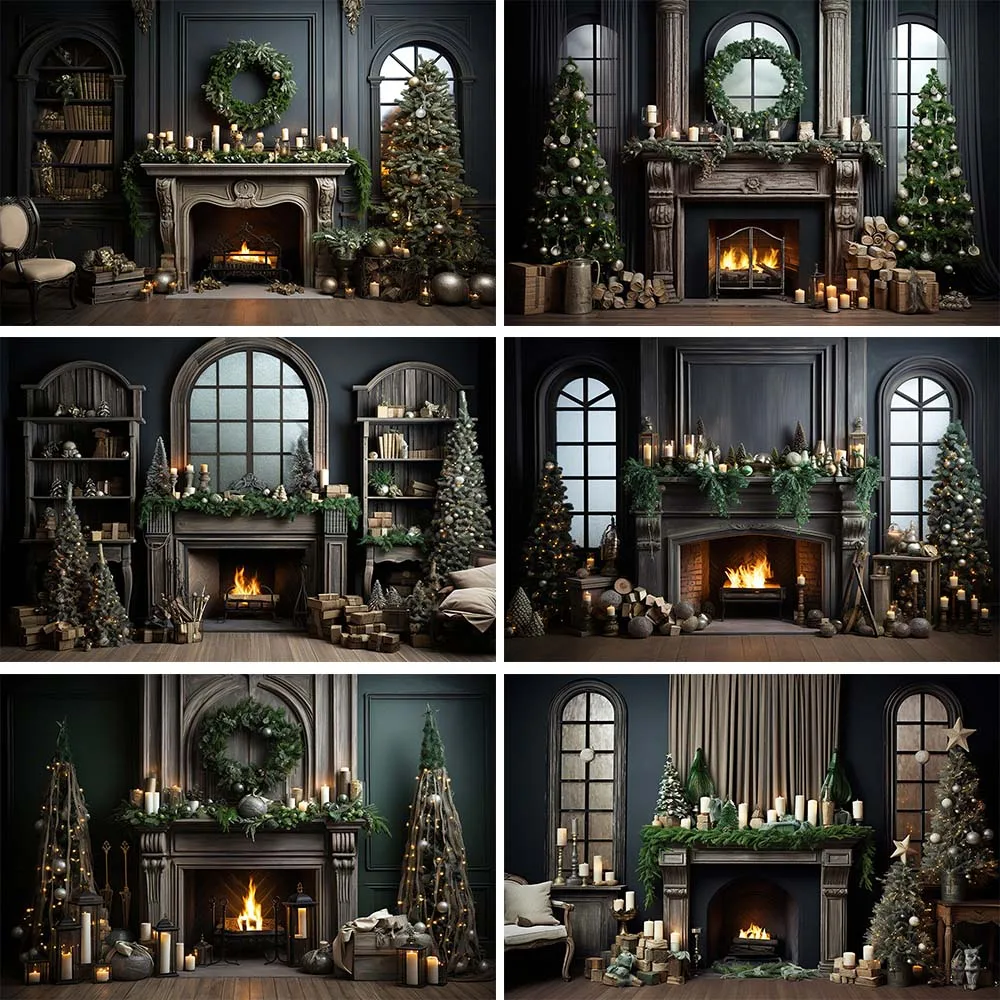 

Mocsicka Christmas Backdrop Fireplace Xmas Tree European Palace Indoor Family Portrait Photography Background Photo Studio Props