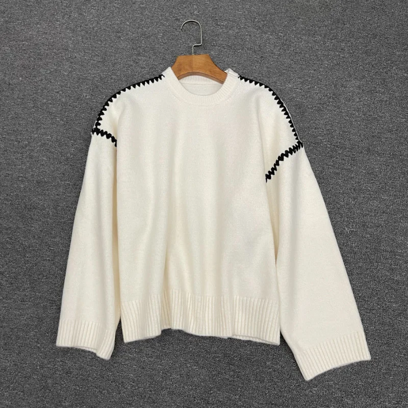 Modny sweter damski na jesień/zimę 2025, luźny, z okrągłym dekoltem, długim rękawem, dzianinowy, haftowany.