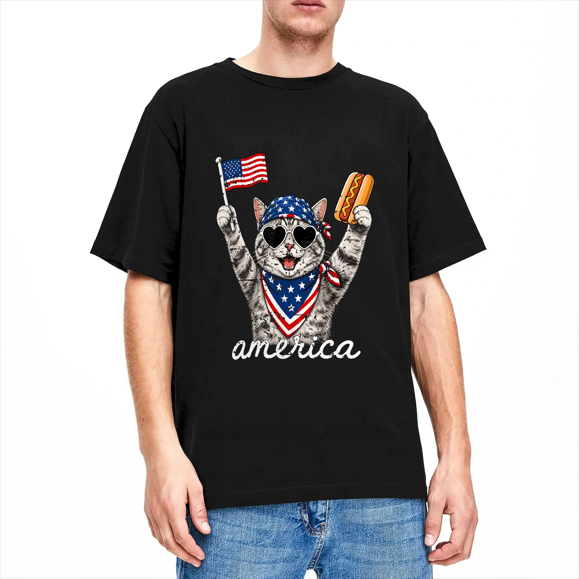 America Cat Hot Dog Lovers Patriotic USA Flag T-Shirt Trendy Cool T Shirts Short Sleeve Vintage Tops Summer Pure Cotton Clothing