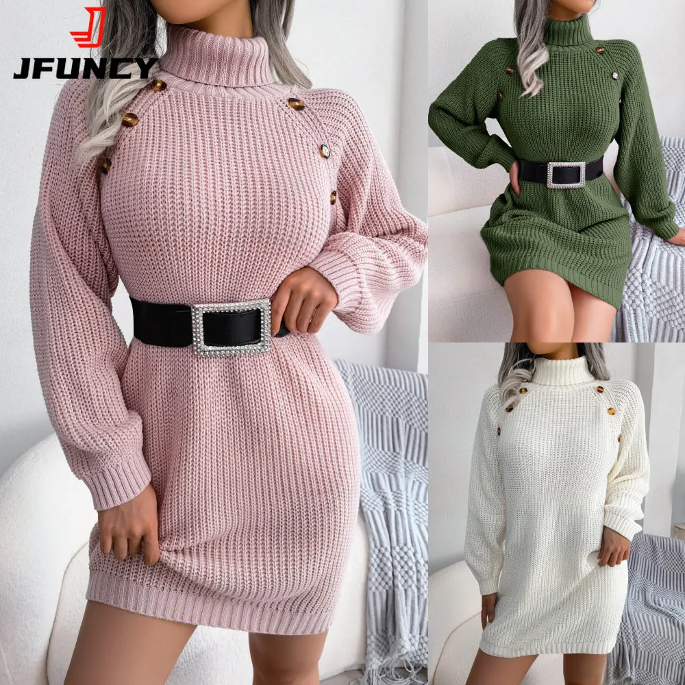 

JFUNCY Turtleneck Women Sweater Casual Loose Knit Dress Autumn Winter Long Sleeve Knitted Mini Dress 2022 Trend Female Dresses