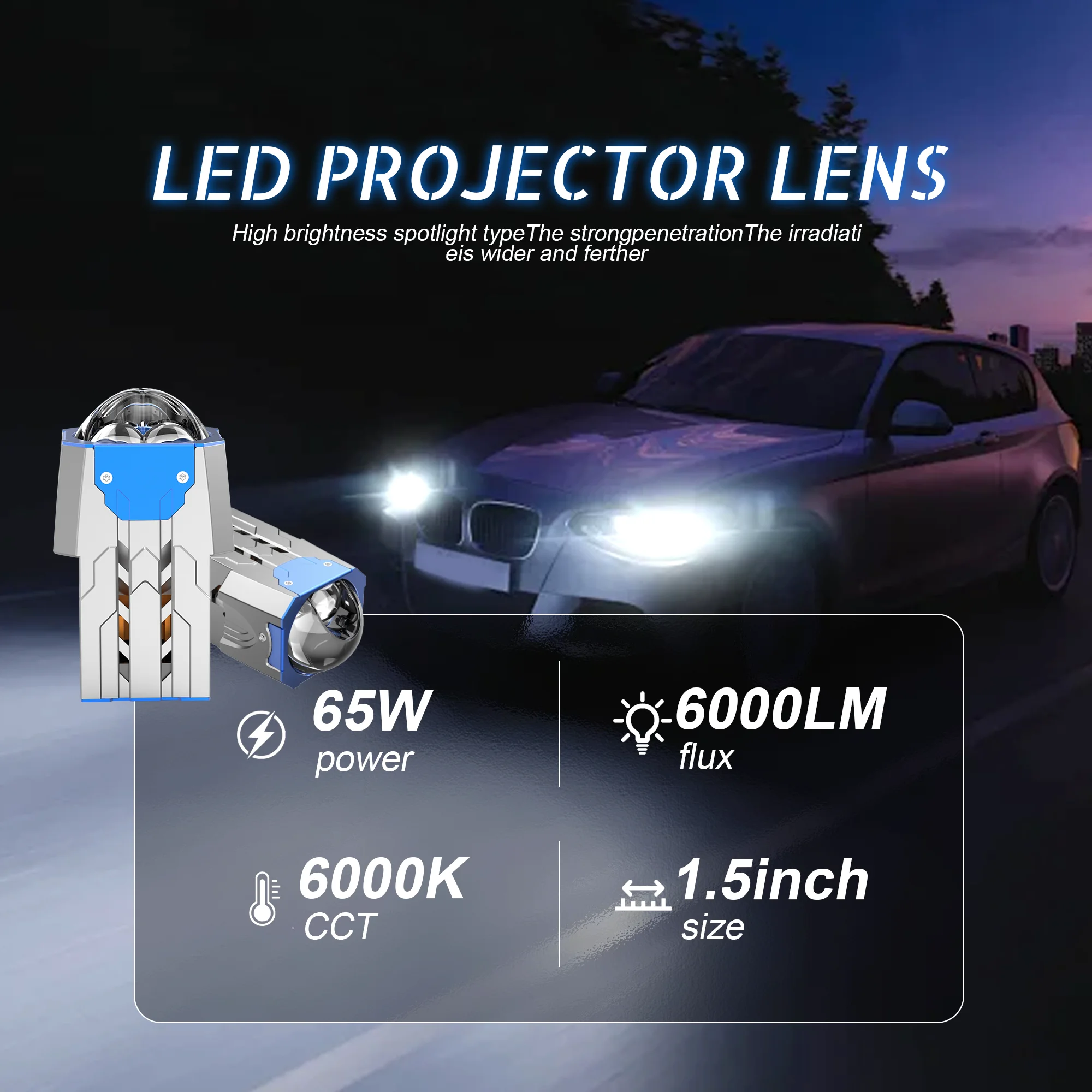 New dual-cup cooling copper 1.5-inch 6000K square projector, featuring a laser matrix module RHD LHD mini dual LED projector