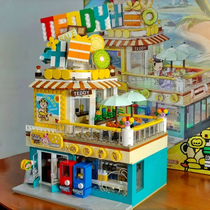Teddy Street View Building Blocks Coffee House Baking House Minimarket Costruzione Modello di assemblaggio Blocchi di costruzione Giocattoli