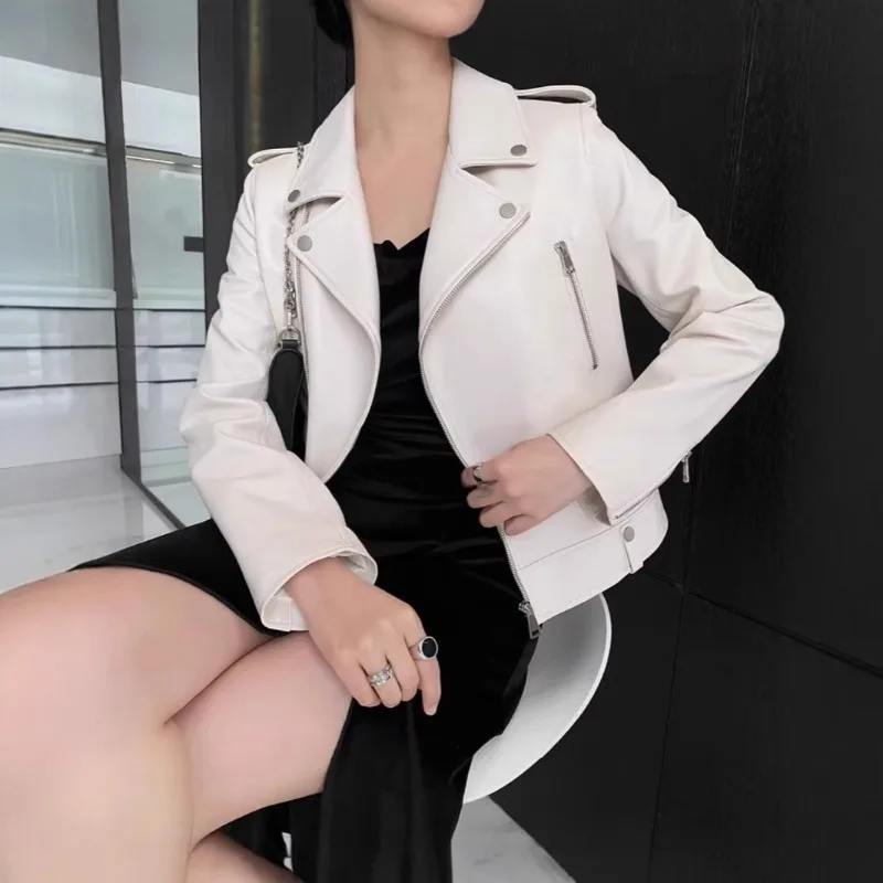 Women's PU Leather Jacket Long Sleeve Coat Zipper Slim Faux Leather Jacket Motorcycle Casual Solid Color Fashion Loose Outwear