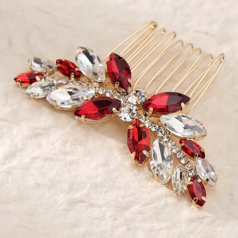 Exquisite Shiny Rhinestones Bridal Head Jewelry Comb Red Wedding Hair Comb Handmade Women\'s Jewelry Accessories Banquet