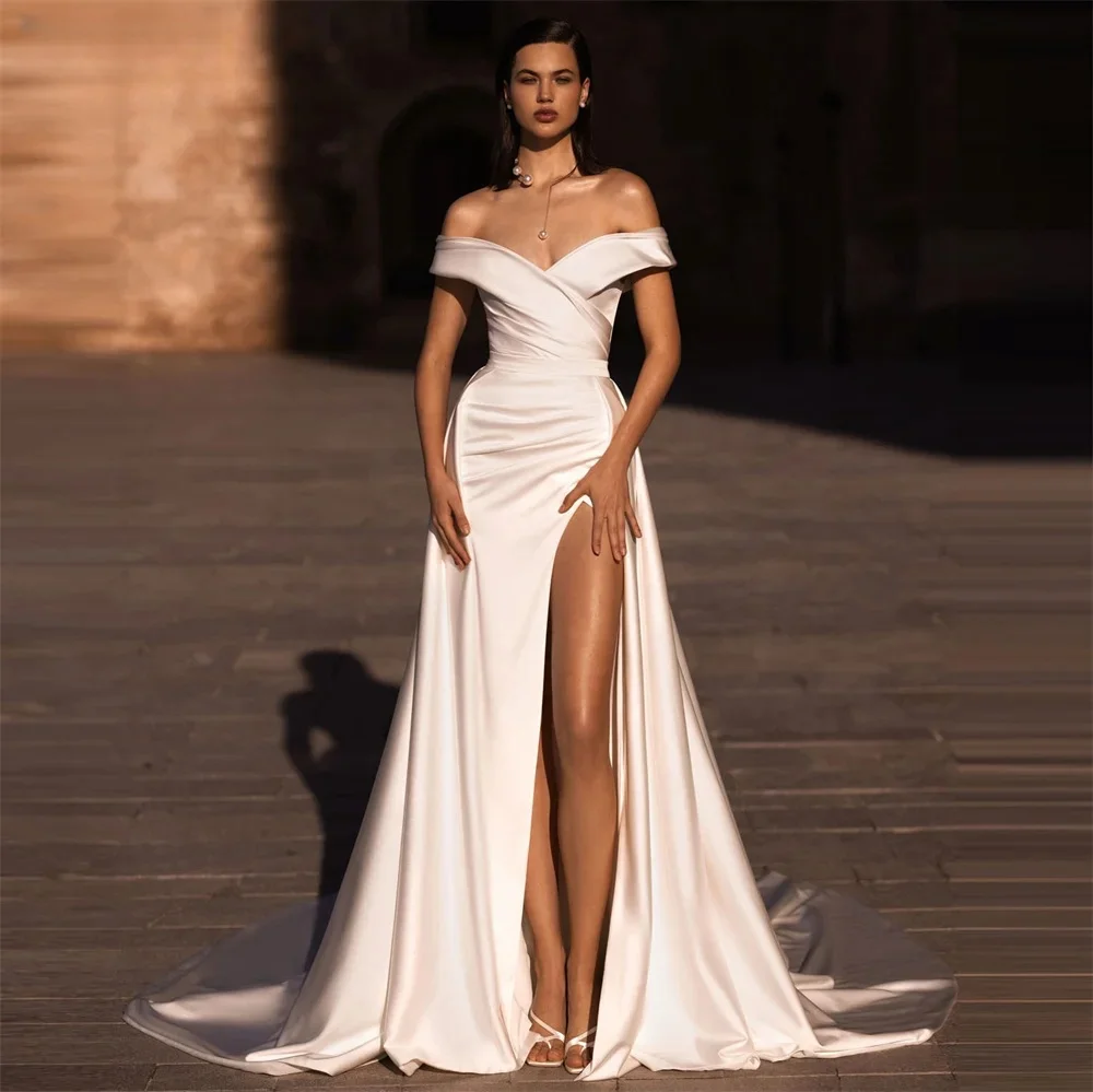 Customize To Measures  Simple Off Shoulder Satin V Neck A-Line Wedding Dress High Slit Zipper Back Court Train Bridal Gown 2025