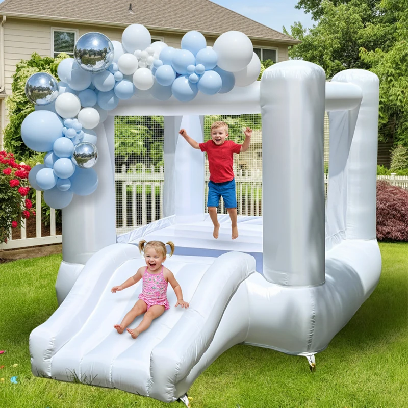 Maison gonflable blanche de rebond à dessus plat de 9x7x6 pieds pour fête des tout-petits avec château gonflable Oxford coulissant comprenant un souffleur (sans bâche)