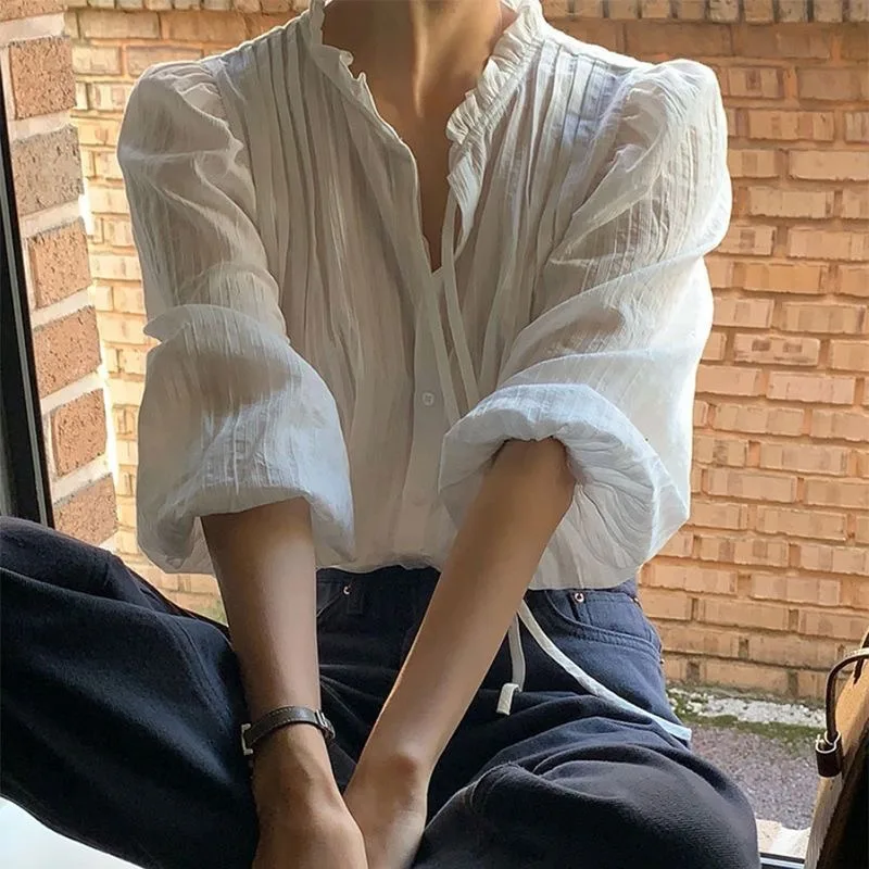 

Chic Spring Wooden Ear Stand Collar Seven Sleeve Loose Thin Women's Shirt Fairy Tale Style Bubble Sleeve Casual Outerwear