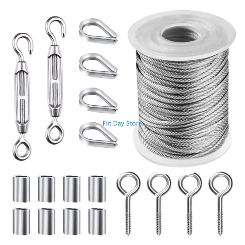 F92C Stainless Steel Rope Cable Rope Tensioner Turnbuckles 19 Pieces Hook & Eye