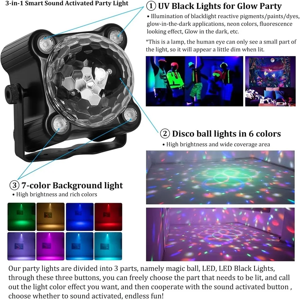 Party Light Disco Ball Light DJ Disco Light Voice Control LED Light 6 Colors UV Party Birthday Christmas Wedding Club Decoration