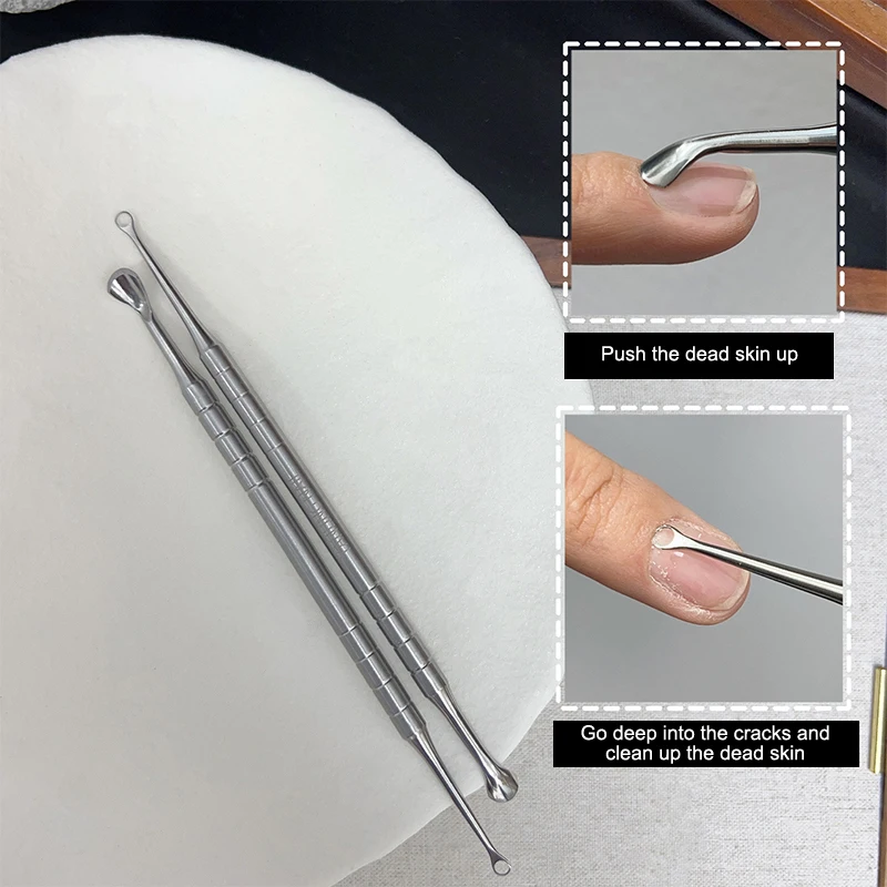 Double-Headed สแตนเลสสตีล Cuticle Preposed Remover เล็บ Pusher ทําความสะอาด Dead Skin Circle BEVEL Shovel เล็บเครื่องมือขัดผิว