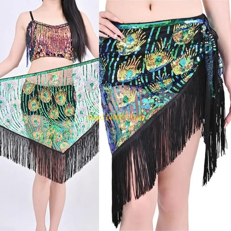 Khăn quàng hông múa bụng DXAE có đính sequin và tua rua lấp lánh cho các buổi biểu diễn chuyên nghiệp Phụ kiện sân khấu
