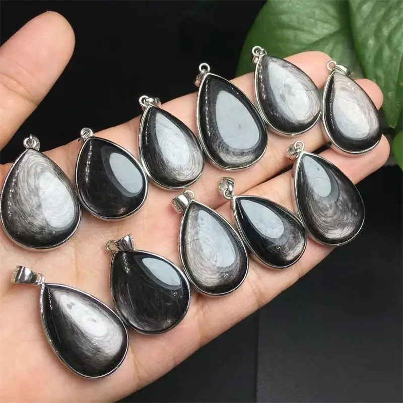 S925 Natural Hypersthene Teardrop Carving Healing Gemstone Carved Figurine Gift Fashion Jewelry For Women Gift 25-27MM