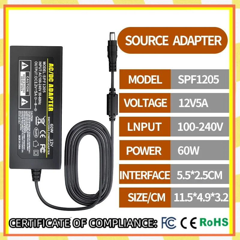 AC 110V/220V 12V 5A DC AC adapter interface: 5.5 * 2.1-2.5mm home appliance switch, speaker, piano, surveillance,  desktop semi
