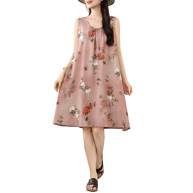 Plus size feminino verão solto strapl a linha dr algodão linho redondo ne impressão casual sle svel saia de comprimento médio