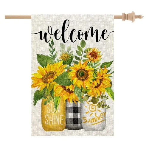 Summer Sunflower House Flag Mason Jar Double Sided 28x40 Inches Large Burlap ... HHZ UUV HHM UUX