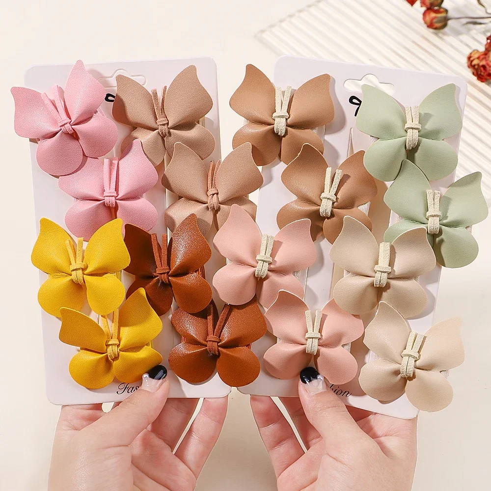 8pcs Baby Girls Cute Butterfly Hair Clips for Kids Handmade PU Leather Safe Hairpins Headband Solid Princess Hair Accessories