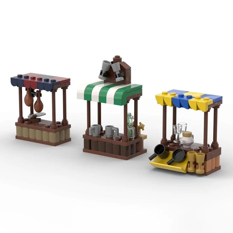 MOC building blocks toy - medieval town square market stall model set for creative assembly - a toy set as a holiday gift suitab