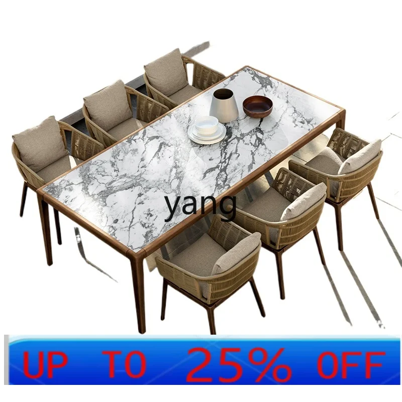 

LMMSolid wood tables and chairs Garden outdoor courtyard casual long dining table rattan chair combination