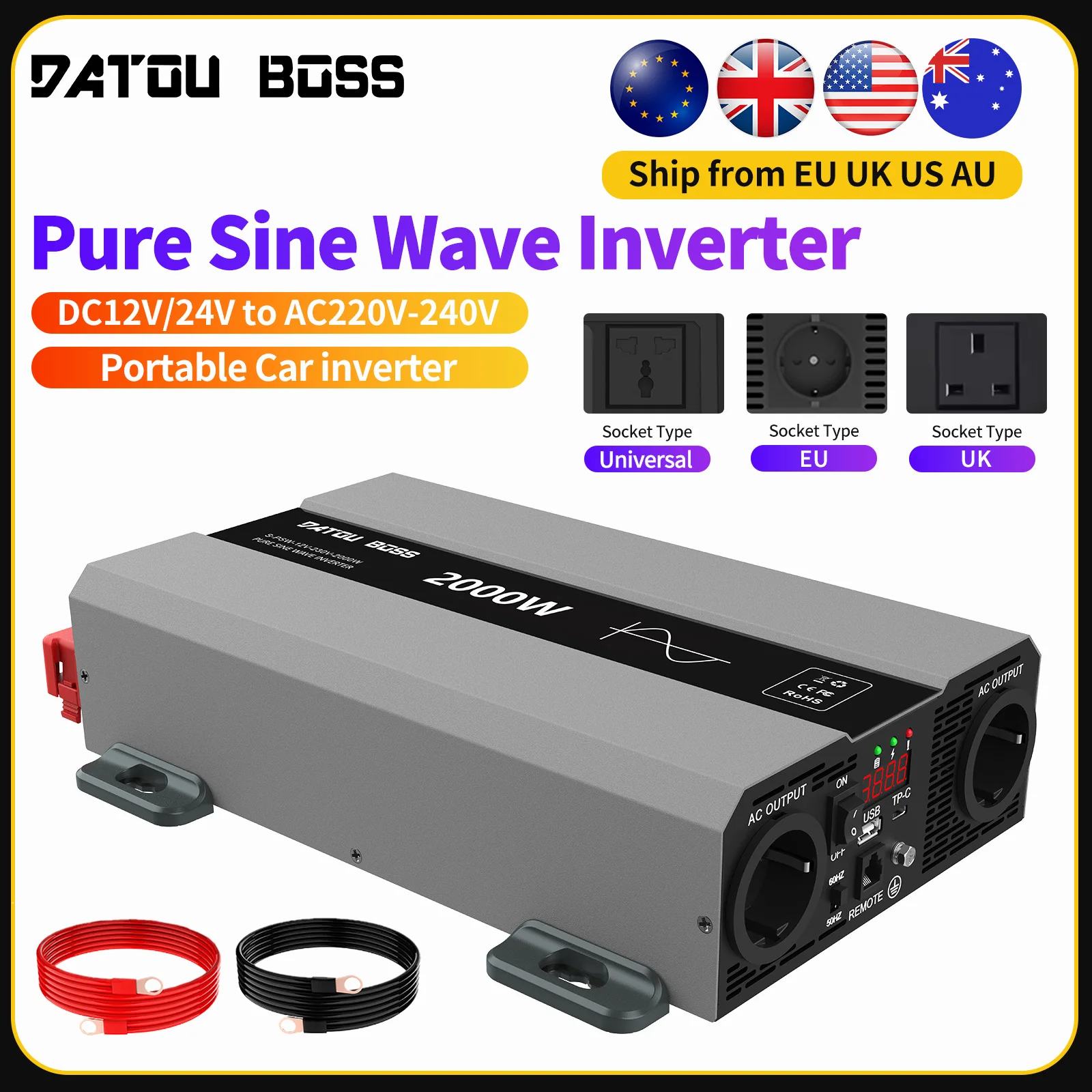 

DATOUBOSS SAK Инвертор чистой синусоиды DC12V-24V в AC220V Портативный автомобильный инвертор Пиковая мощность 4000 Вт Непрерывная мощность 2000 Вт