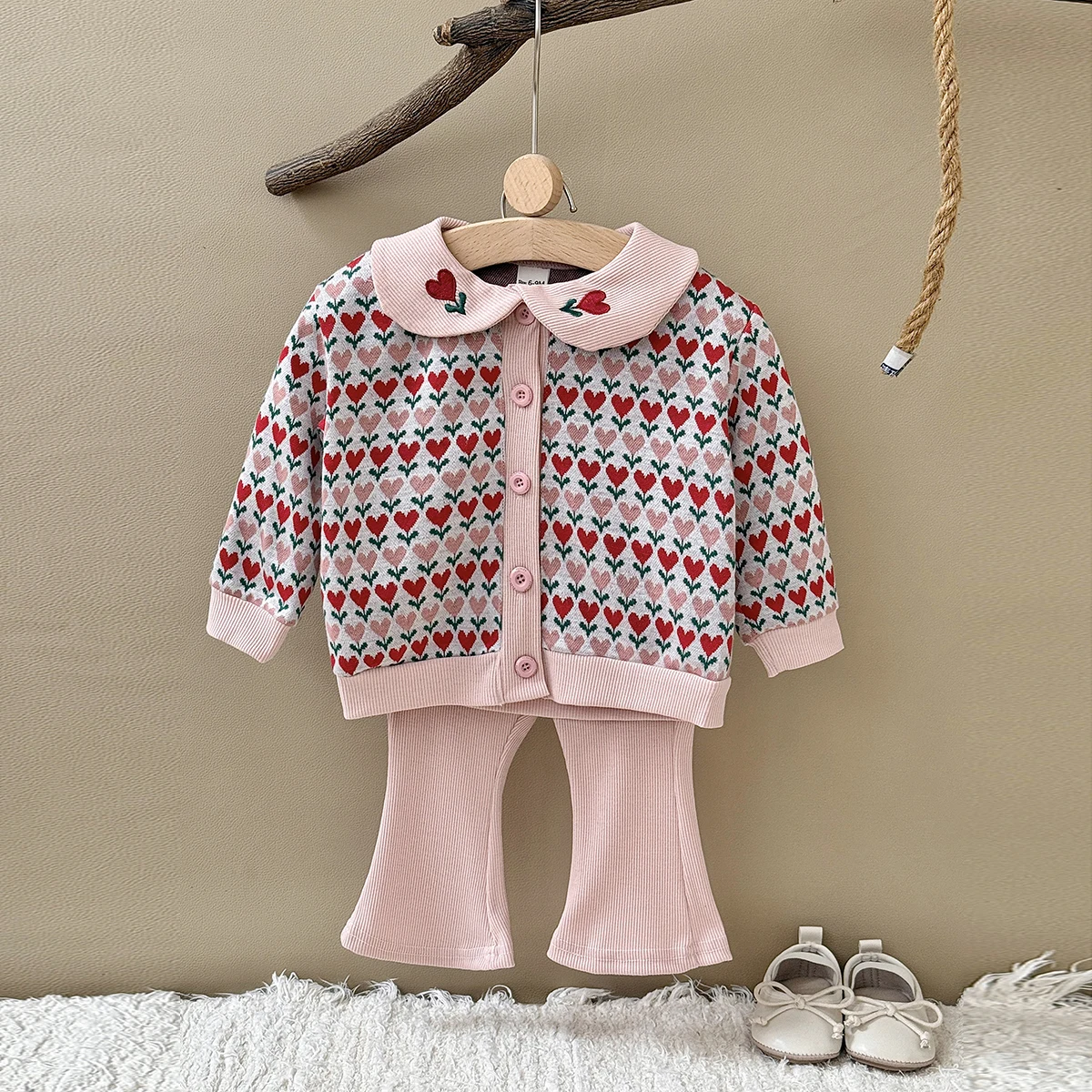 Sweet Korean Toddler Heart‑Jacquard Knit 2‑Pcs Suit, Infant Pink Peter‑Pan Collar Cardigan Ribbed Flare‑Leg Pants Outfit