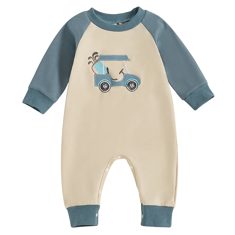 Newborn Baby Boy Autumn Romper Golf Cart Embroidery Long Sleeve Crew Neck Full Length Jumpsuit Casual Toddlers Clothes