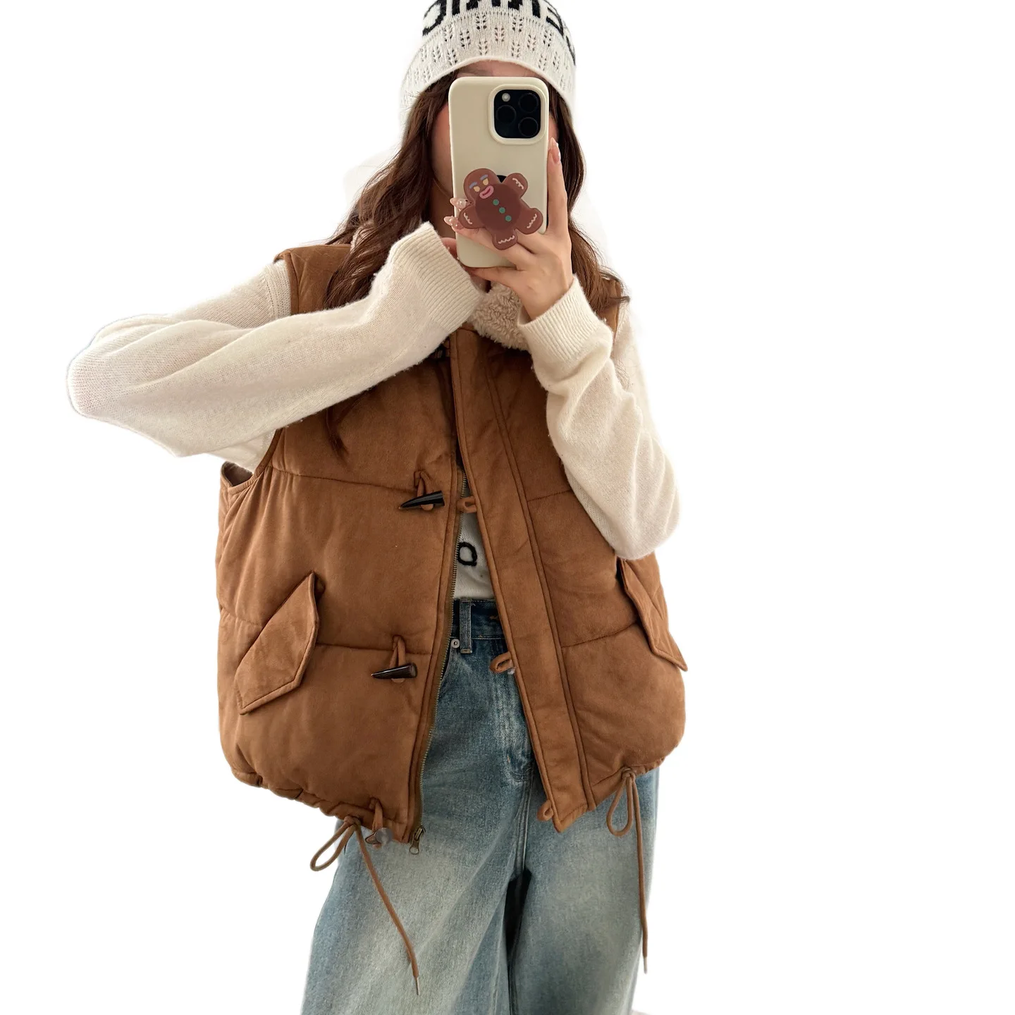 Autumn Winter Coat Women Vintage Suede Vest Fashion Horn Buckle Sleeveless Short Cotton Vest Jacket Female Waistcoat Outerwear