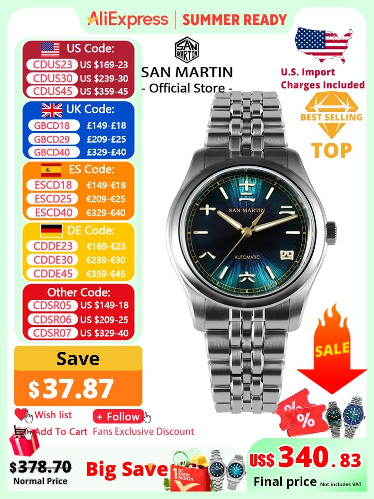 San Martin nuevo reloj Gada de 39mm estilo chino diseño Original Sunburst JianZhan Miyota 90S5 vestido de hombre mecánico automático SN0144