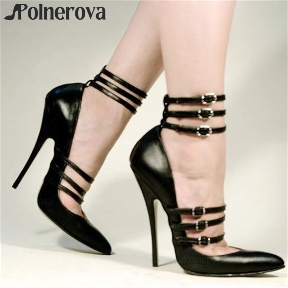 Multiple Buckle Stilettos Sexy Pointed Black Leather High Heels Fetish Stiletto Pumps Customizable Color Large Size High Heels