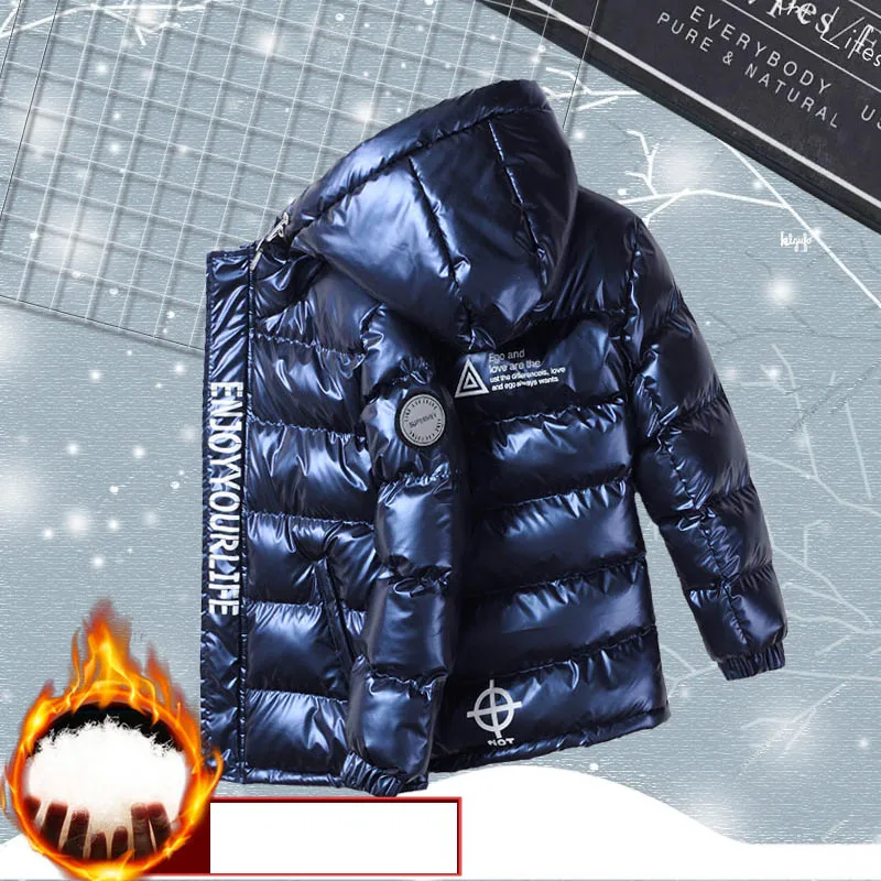 Kids Shiny Winter Thick Warm Cotton Content Coat Children Outdoo Garment 6-18Y Teenager Boys Windproof Waterproof Padded Outwear