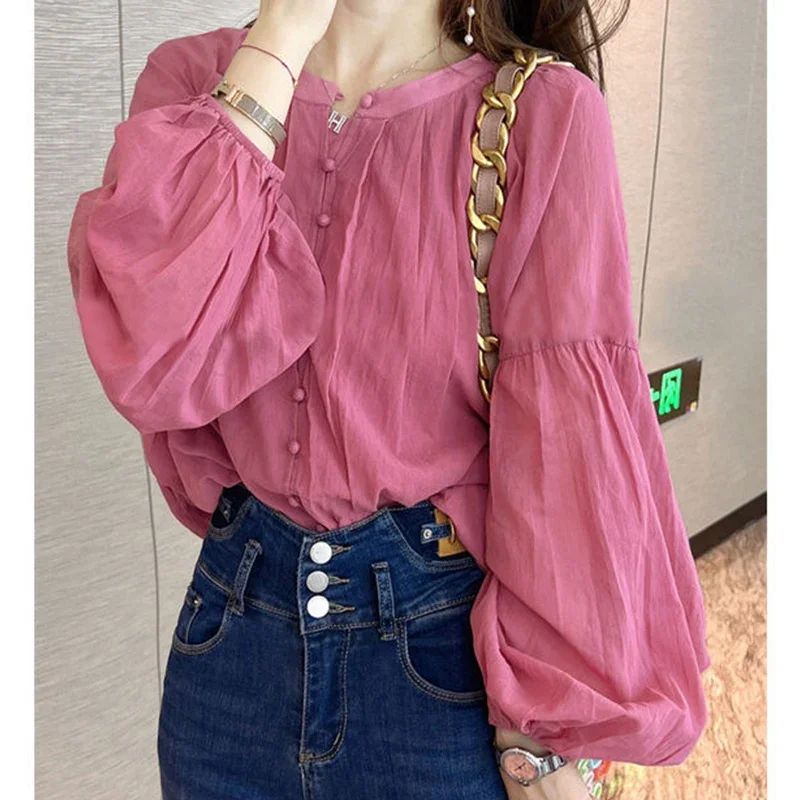 Lantern Sleeve Pink Long Sleeved Chiffon Shirt for Women\'s Spring Autumn New Western-style Loose Elegant Commuting Chic Top