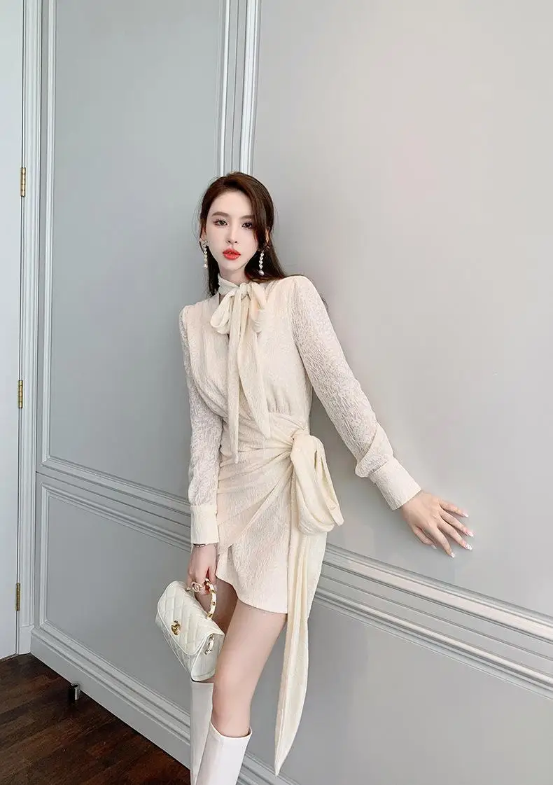 New autumn lady French design bow tie waist irregular hip dress