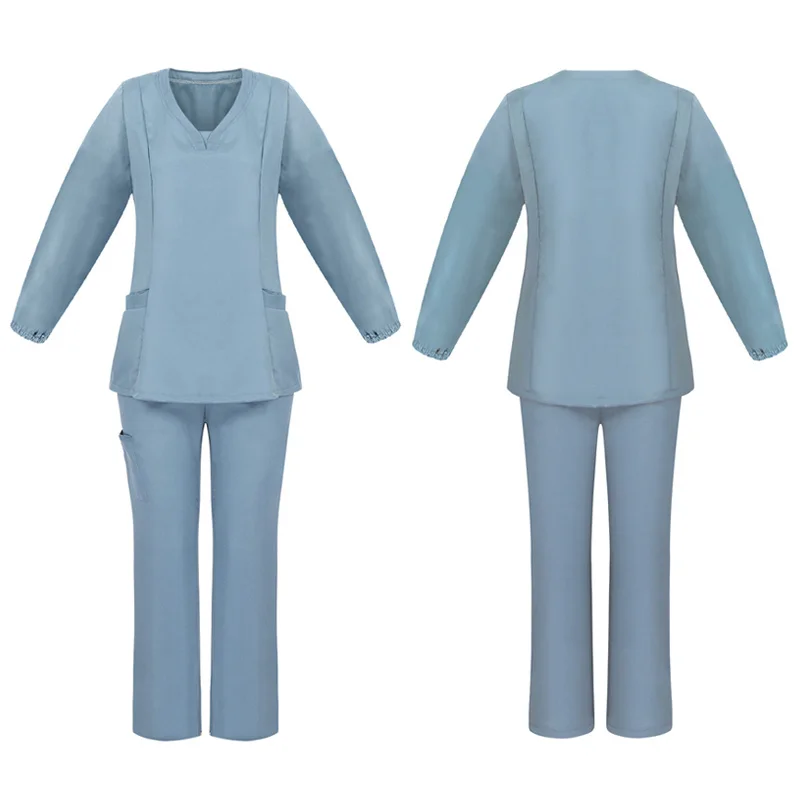 Esfoliantes uniformes médicos femininos 2023 manga longa com decote em v bolso cuidados trabalhadores camiseta topos outono uniformes de enfermera mujer