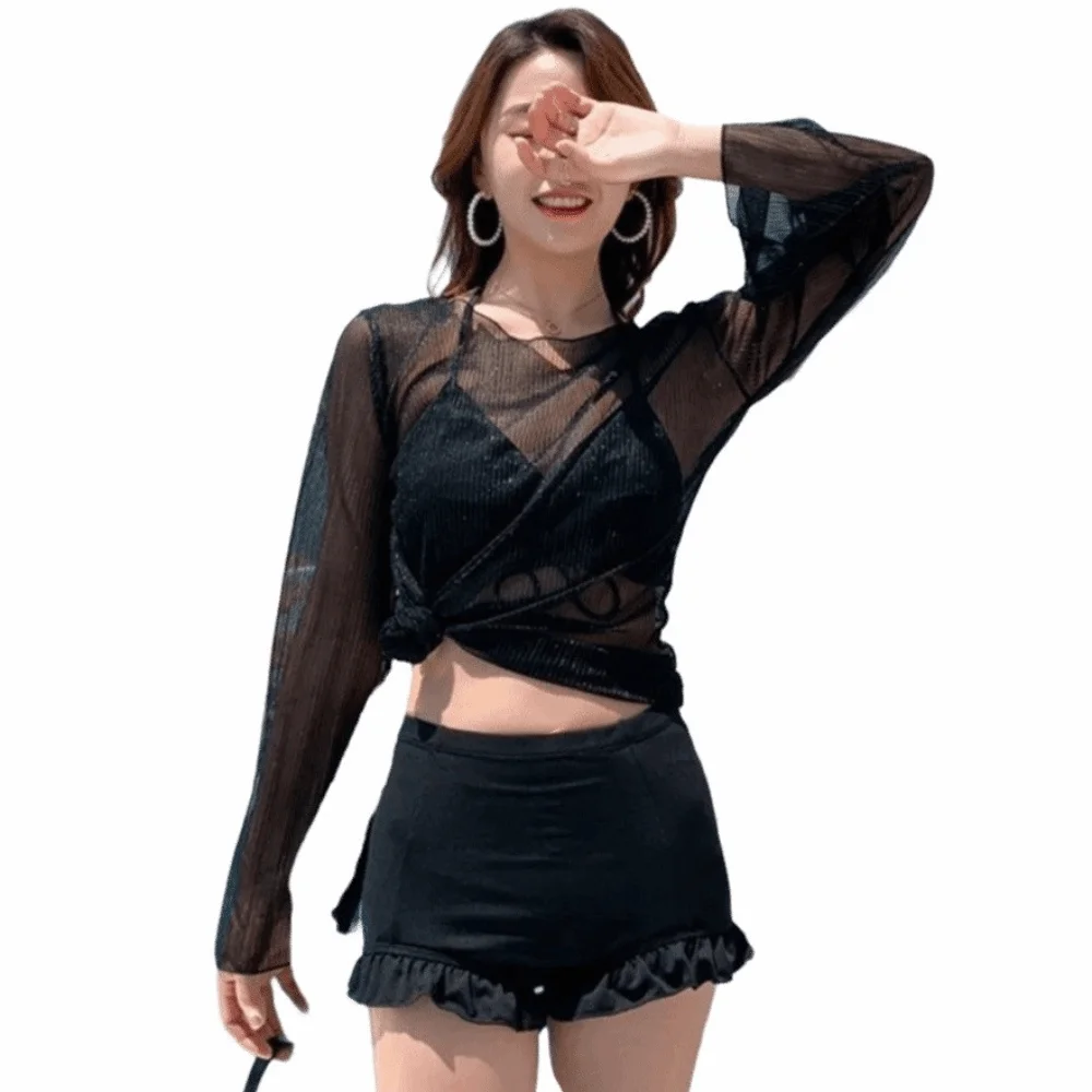 

Beachwear Ruffles Bikini Set Transparent Pullover Slim Fit Swimming Suit Lace-up Sun Protection 3Pieces Set Swimwear Resort